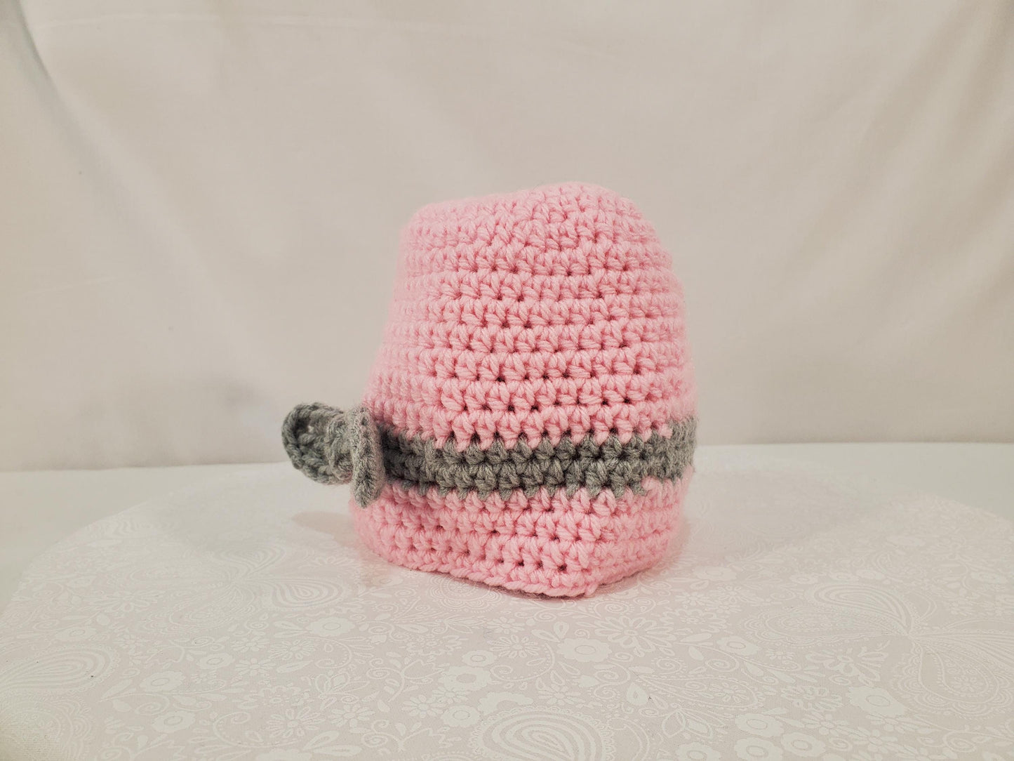Item #101: Crochet Beanie, Pink With Grey Bow, Size 6 to 12 Months, Made With 100% Acrylic Yarn