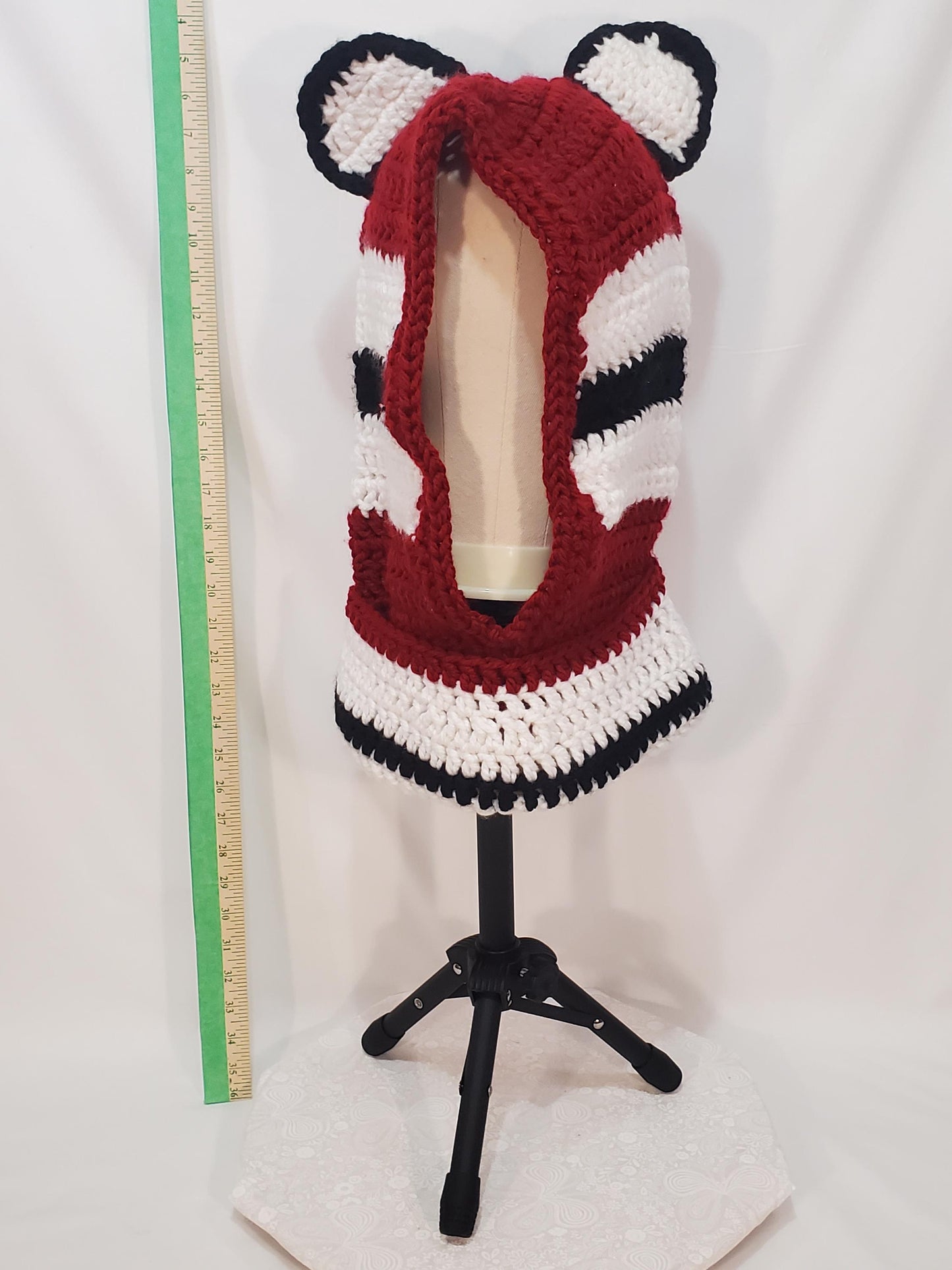 Item #55: Crochet Hood/Hat, Black, White & Maroon, Adult Sized, Made With 100% Acrylic Chunky Yarn