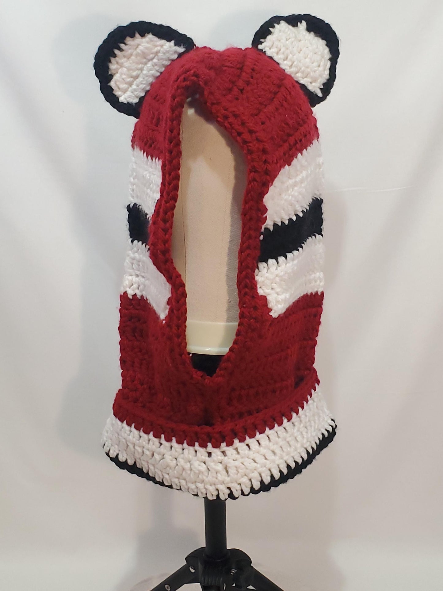 Item #55: Crochet Hood/Hat, Black, White & Maroon, Adult Sized, Made With 100% Acrylic Chunky Yarn