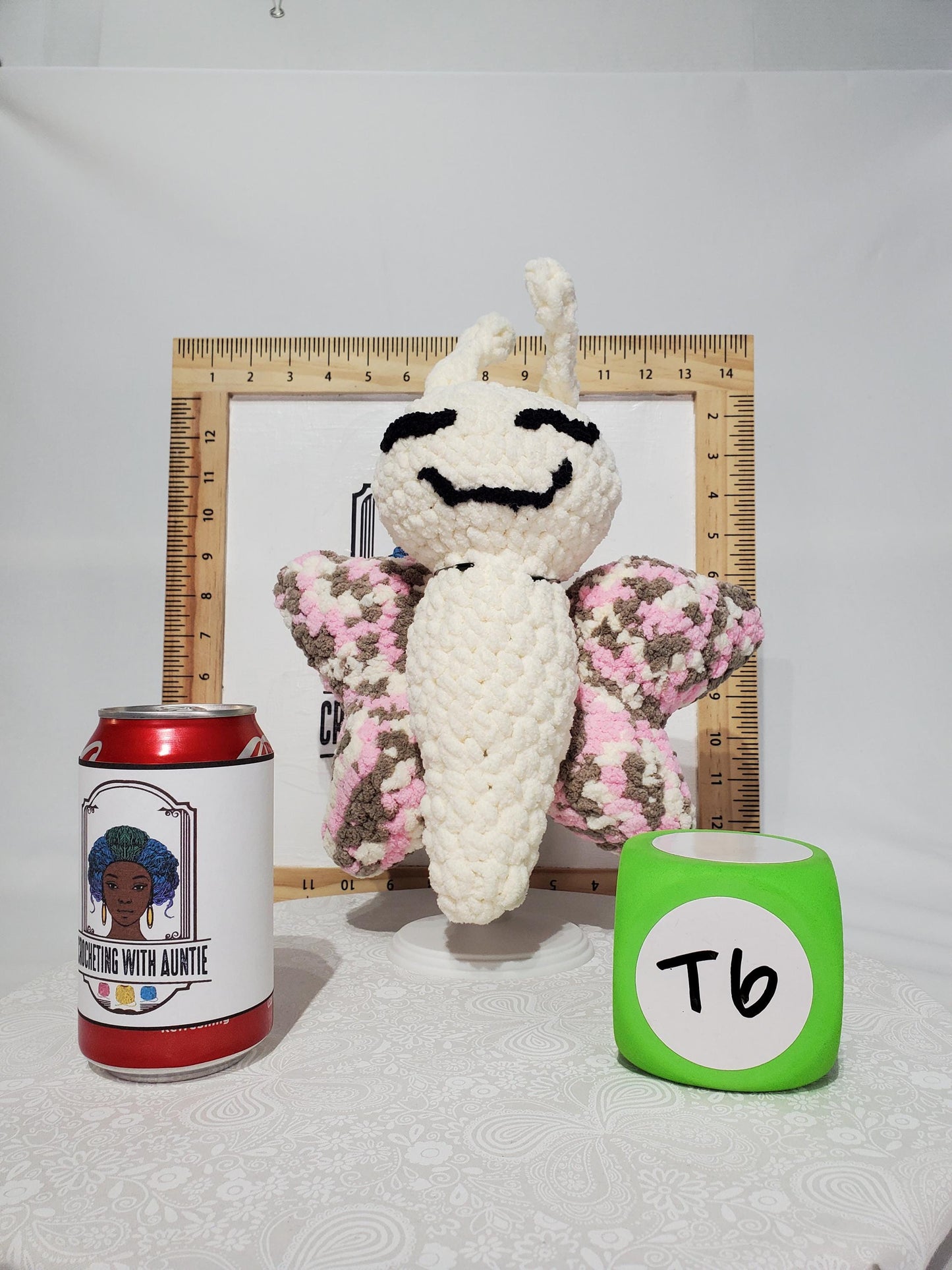 T6: Crochet Butterfly Stuffy/ Plush Toy, white and variegated pink, white and brown, made with soft blanket yarn and safety eyes