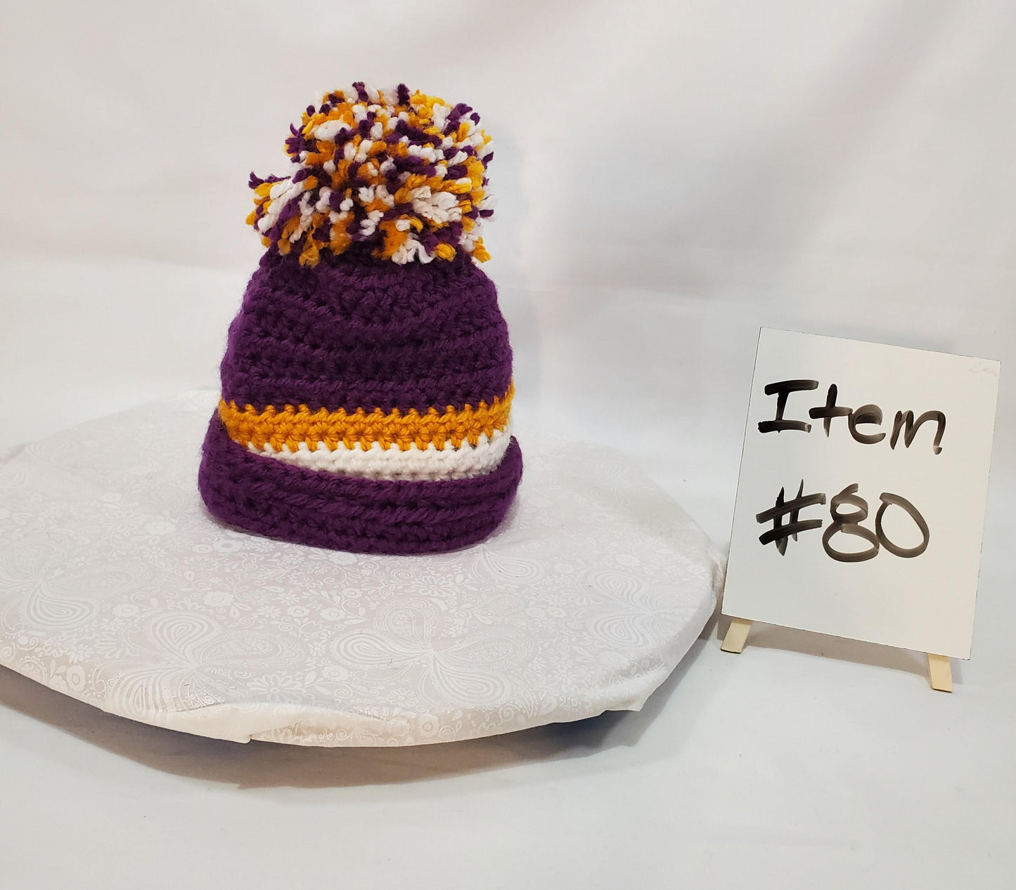 Item #80: Minnesota Vikings Inspired Crochet Hat with A Pom, Size 6 To 12 Months, Made With Chunky 100% Acrylic Yarn