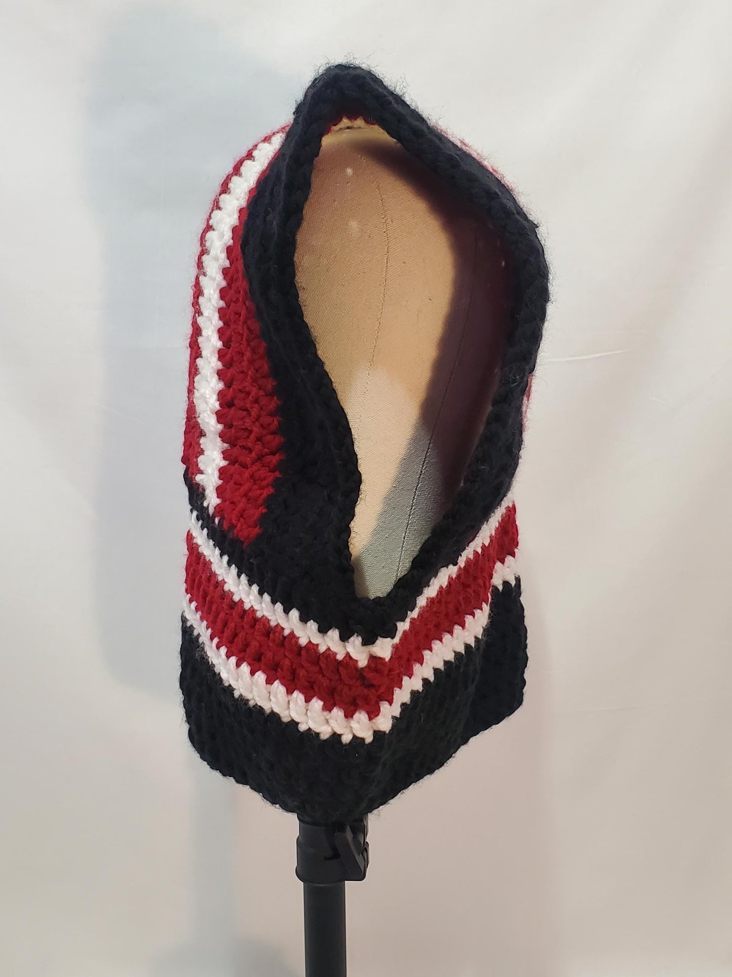 Item #58: Crochet Hood, Black, White And Maroon, Children's Size, Made With 100% Acrylic Chunky Yarn