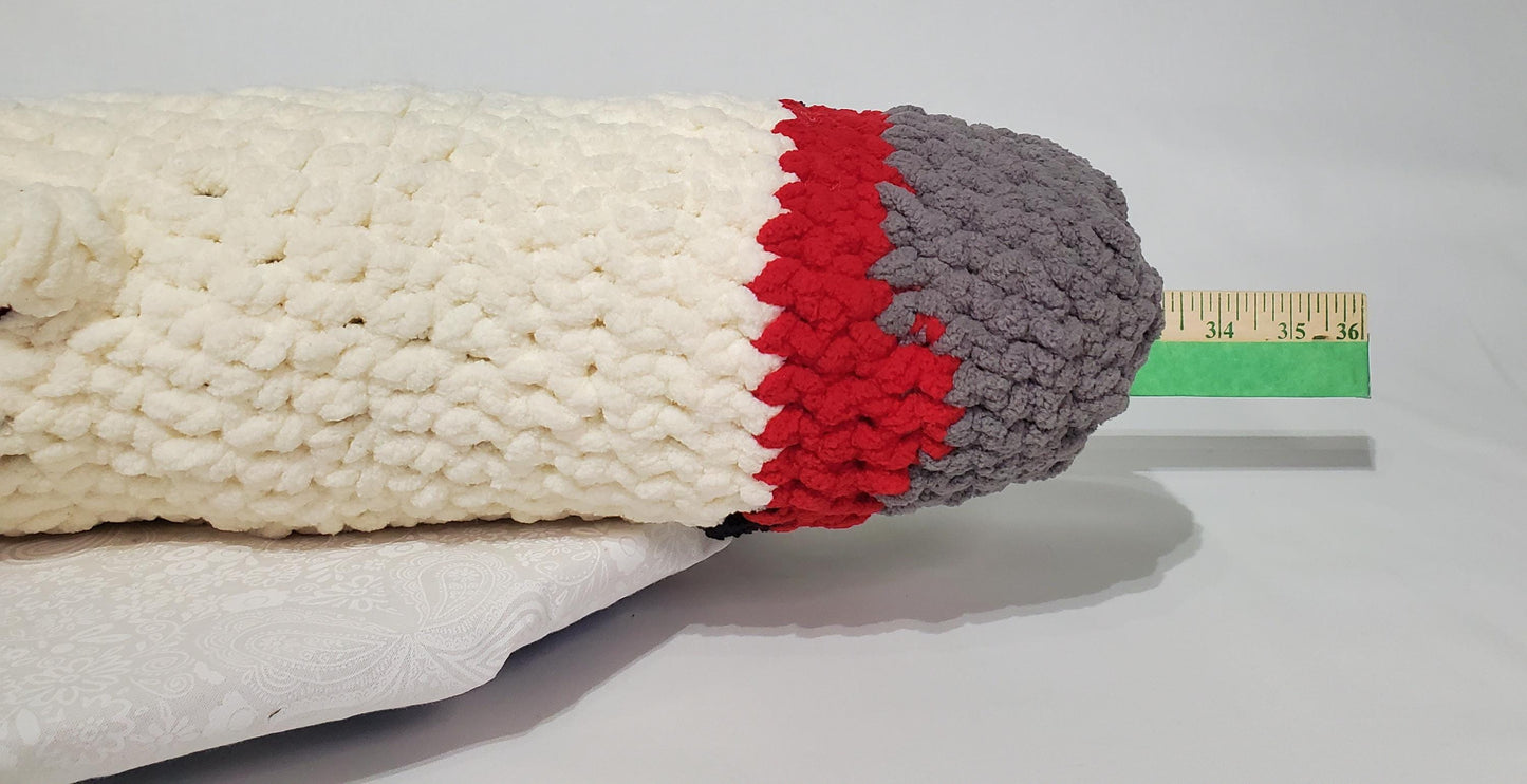 J11 - Crochet Joint / Doobie, White 100% polyester soft blanket yarn, has safety eyes, approx. 26"x 5", 13 oz