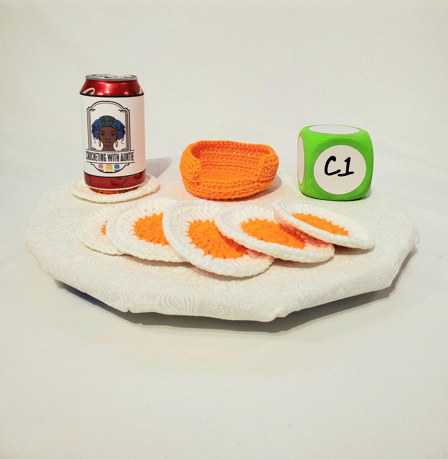 C1: Crochet Coaster Set, orange an white, made with cotton yarn, set of 6 with holder