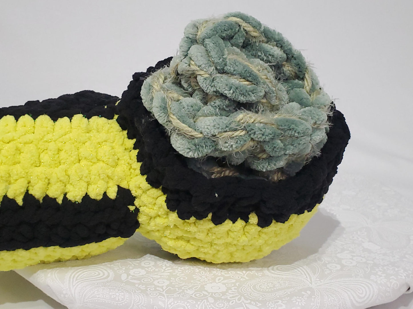 P2: Crochet Pipe, Yellow and black, made with soft 100% polyester yarn, approx. 18" long