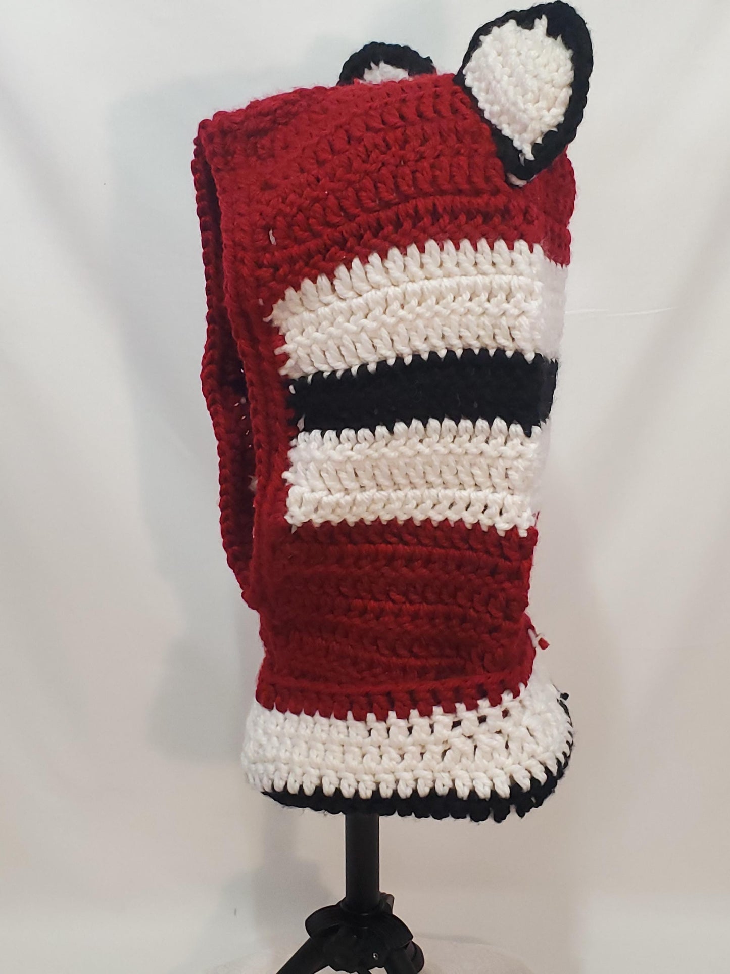 Item #55: Crochet Hood/Hat, Black, White & Maroon, Adult Sized, Made With 100% Acrylic Chunky Yarn