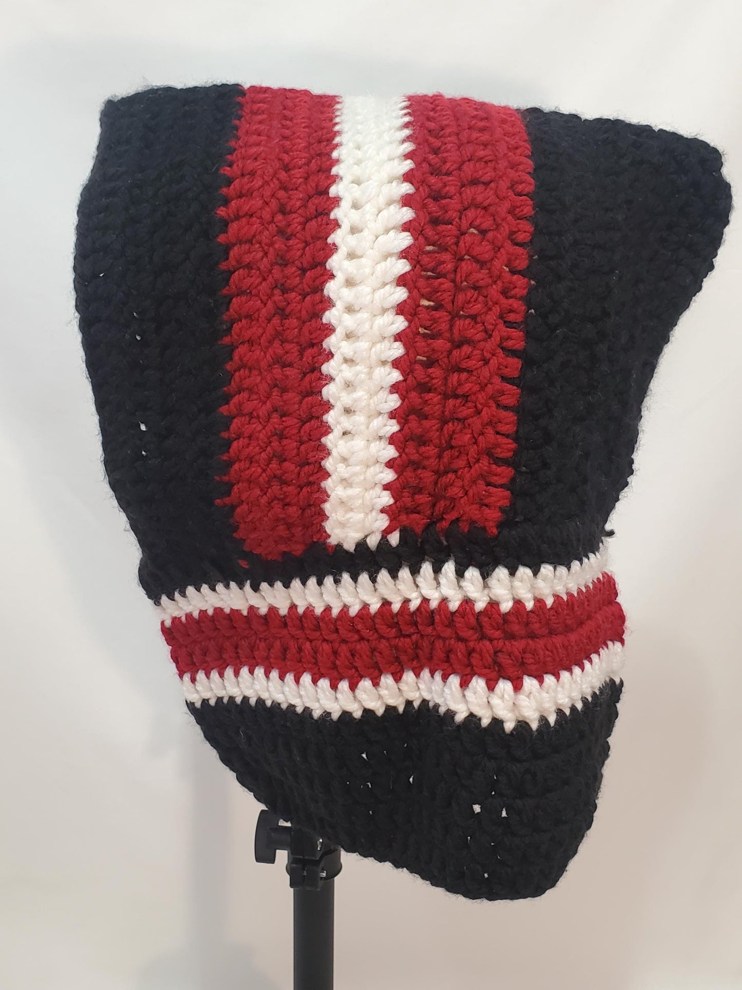 Item #58: Crochet Hood, Black, White And Maroon, Children's Size, Made With 100% Acrylic Chunky Yarn