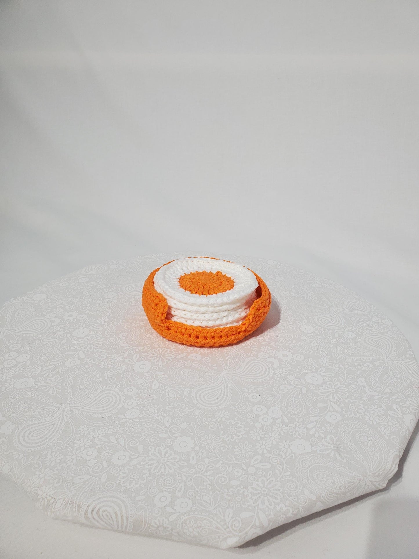 C1: Crochet Coaster Set, orange an white, made with cotton yarn, set of 6 with holder