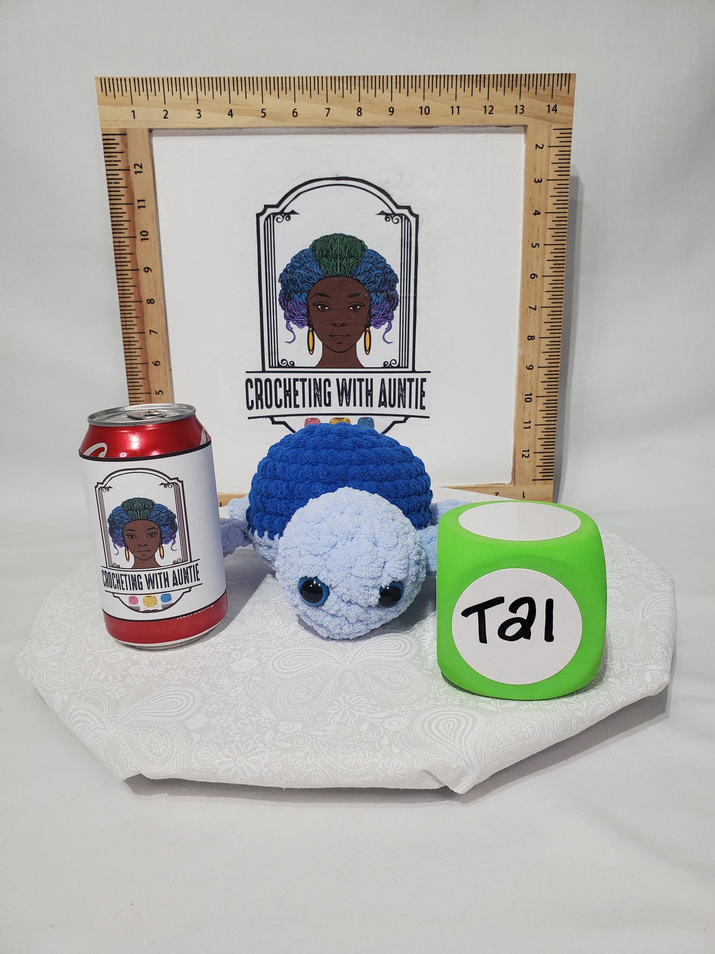 T21: Crochet Turtle Plushy / Stuffy, blue, made with soft blanket yarn (100% Polyester) and safety eyes, approx. 8" x 5" x 9"