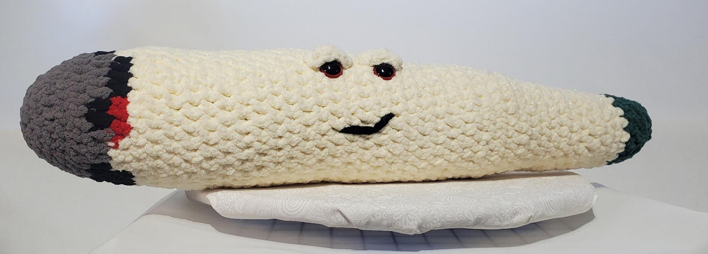 J8 - Crochet Joint / Doobie, Sparkle White 100% polyester soft blanket yarn, has safety eyes, approx. 23"x 5"