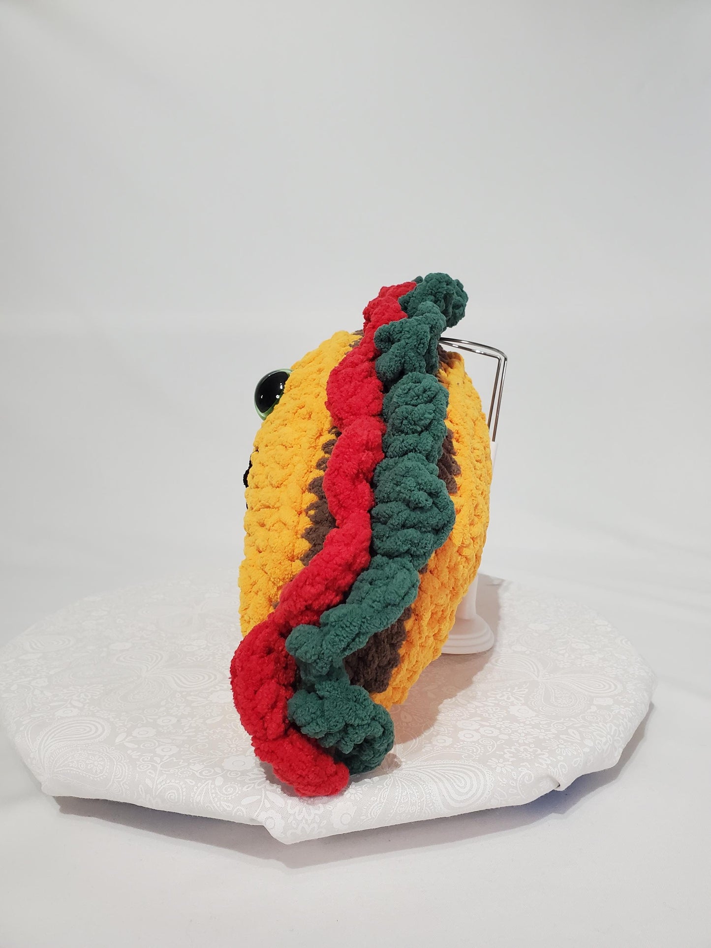 T11: Crochet Taco Stuffie / Plush Toy, made with soft blanket yarn and plastic safety eyes