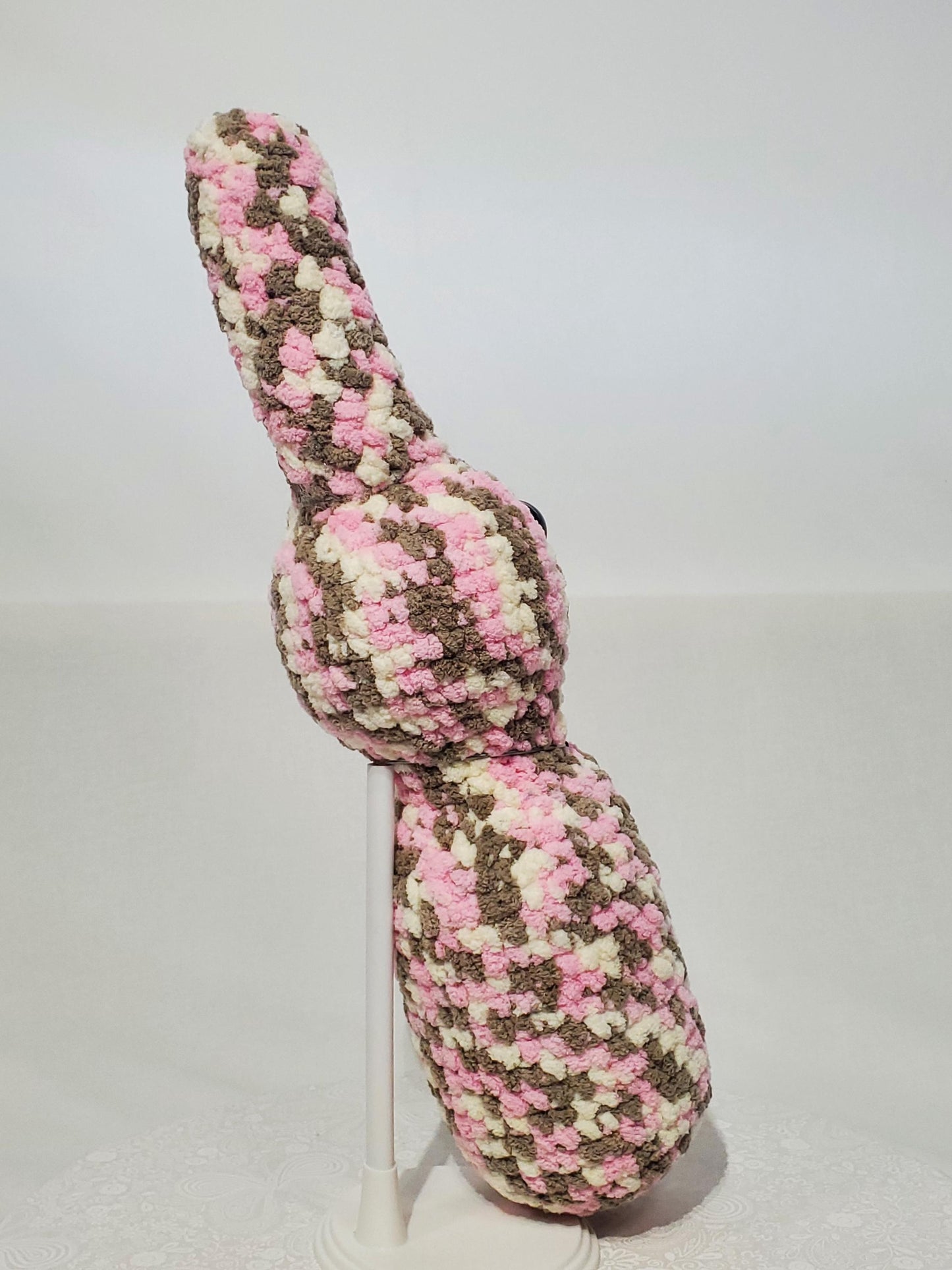 Crochet Bunny Stuffie / Plush Toy, pink - white - grey, approximately 14 in tall