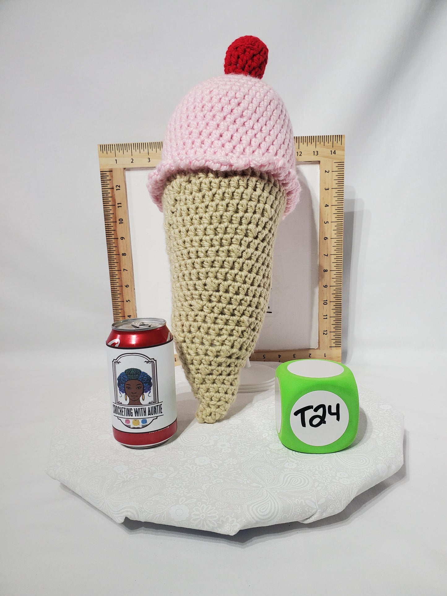 T24: Crochet Ice Cream Cone, made with chunky yarn (100% acrylic) and fiber fill, approx. 19" x 7 1/2"
