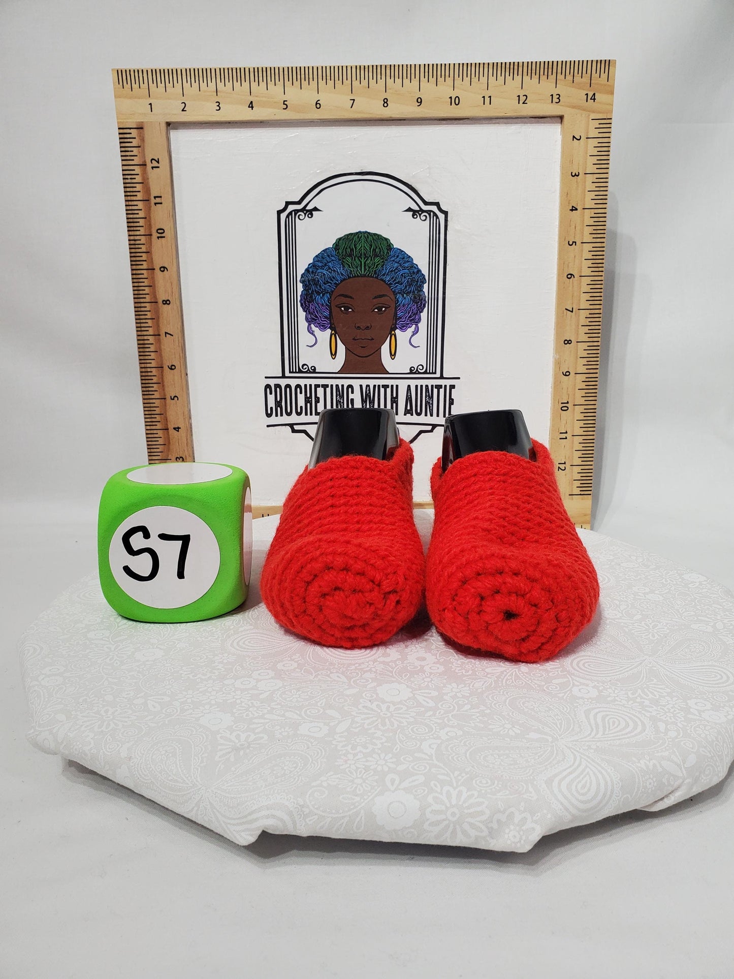 Item #7: Crochet slippers, Orange, size women's 5/6, made with 100% acrylic yarn