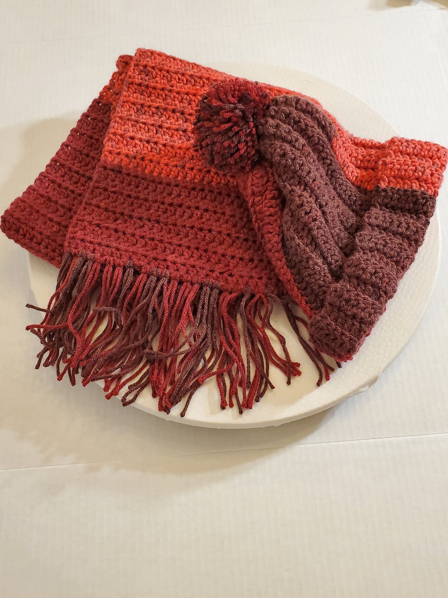 Item #90: Crochet Hat And Scarf Set, Various Reds, Size Toddler (1y-3y ), 3 1/2' Long, 8" Wide