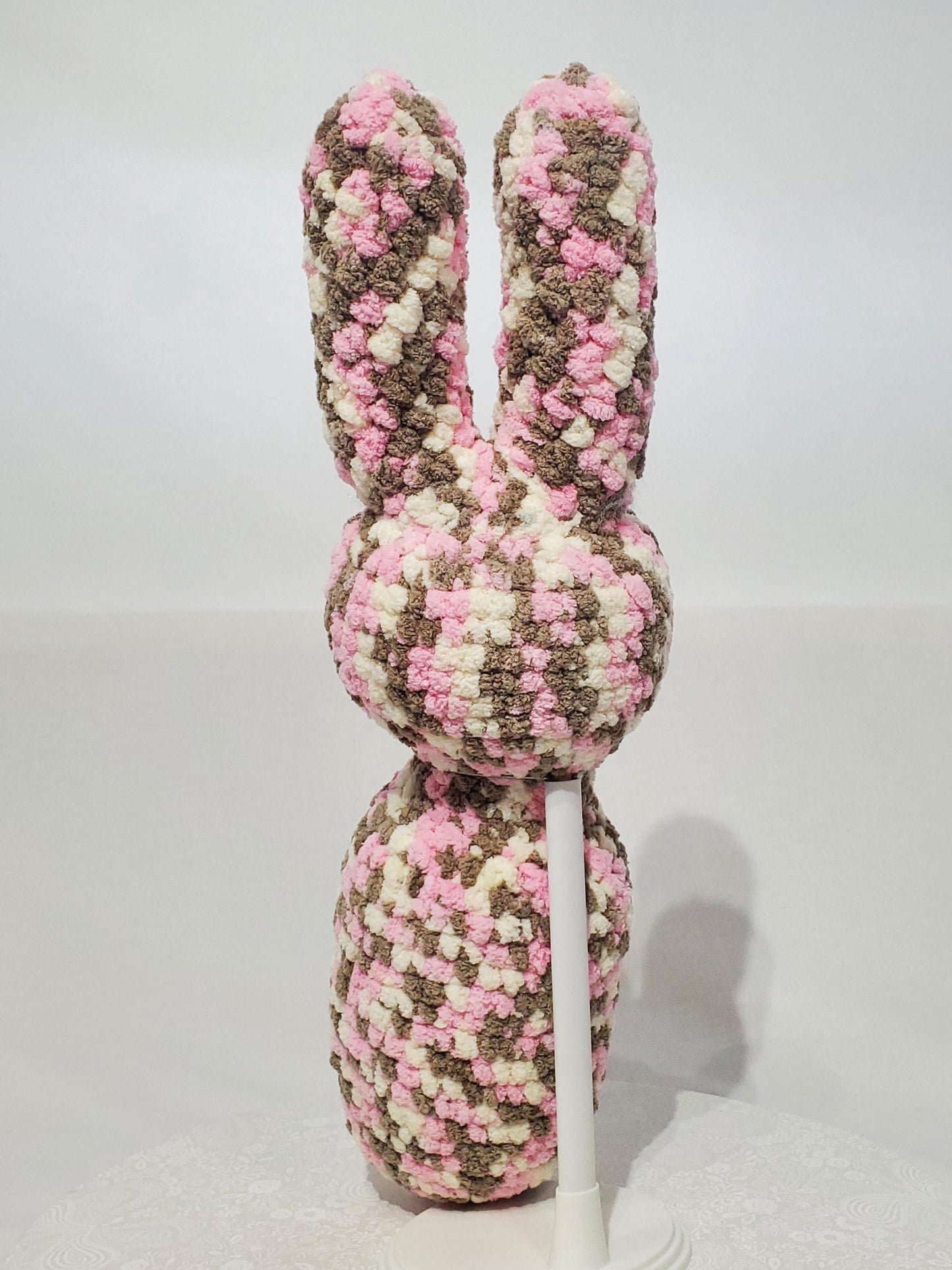Crochet Bunny Stuffie / Plush Toy, pink - white - grey, approximately 14 in tall