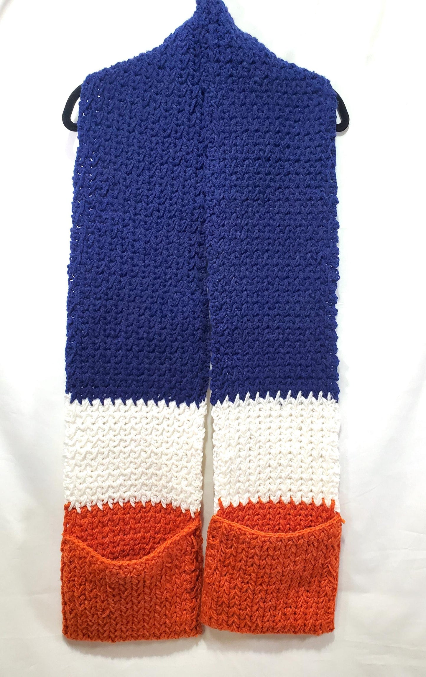 CB1: Chicago Bears Inspired Scarf with Pockets, 6 1/2 ft long, 8 in wide, pockets 8 in deep, warm and thick, made with 100% acrylic yarn.