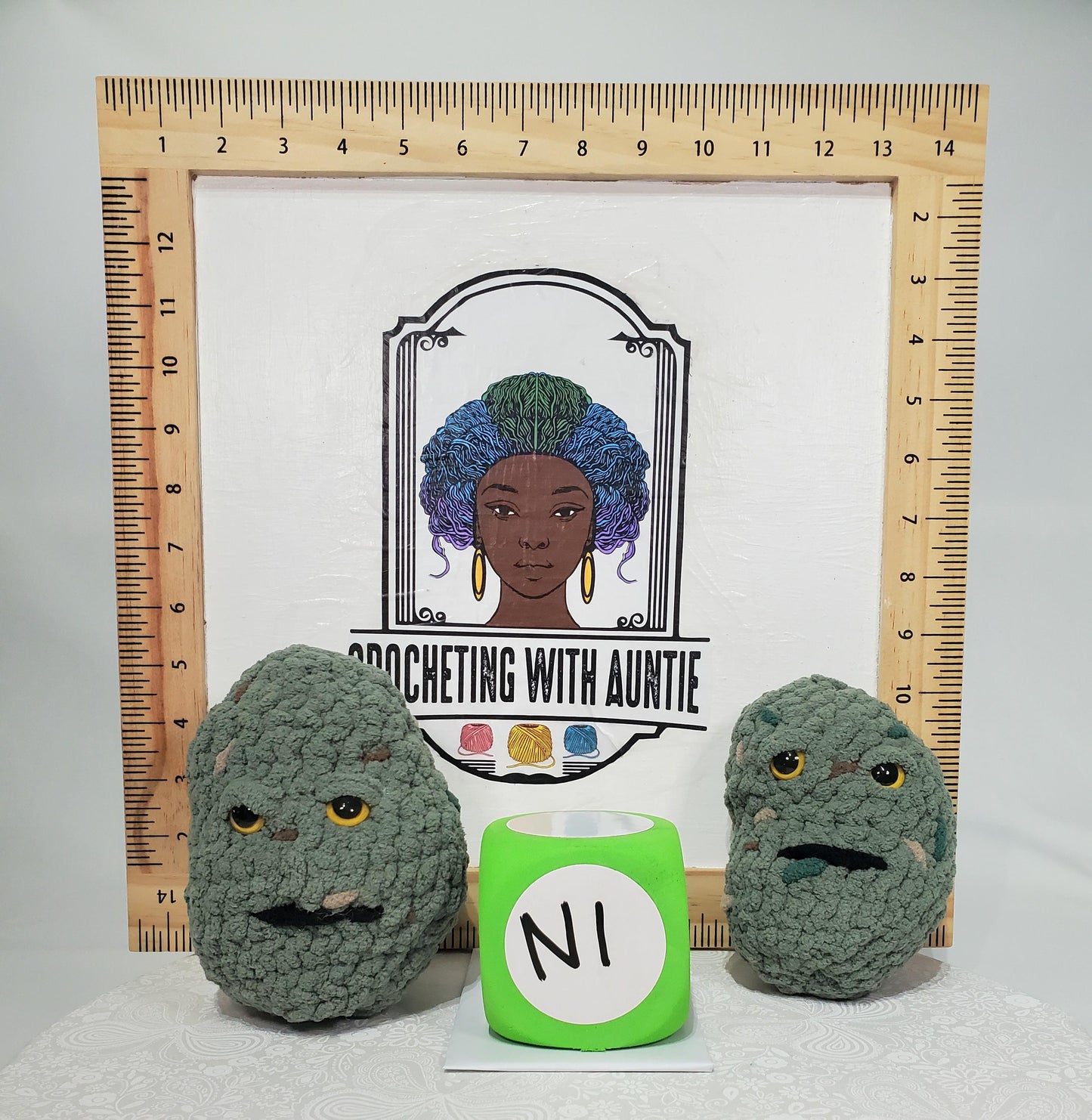 N1: 2 Crochet 420 Nuggets, approx. 4" & 5" tall, made with acrylic and polyester yarn, polyester fiber fill and safety eyes, approx. 5 oz