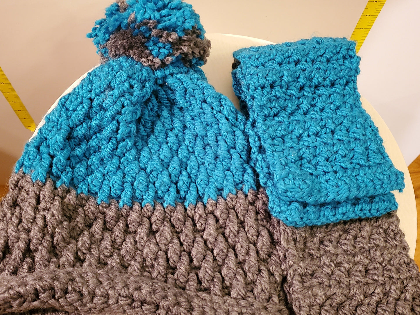 Item #82: Crochet Scarf and Hat Set, Grey And Teal, 3 1/2 Long, 4 1/2" Wide, Teen/Adult Small, Made With Extra Soft 100% Acrylic Yarn