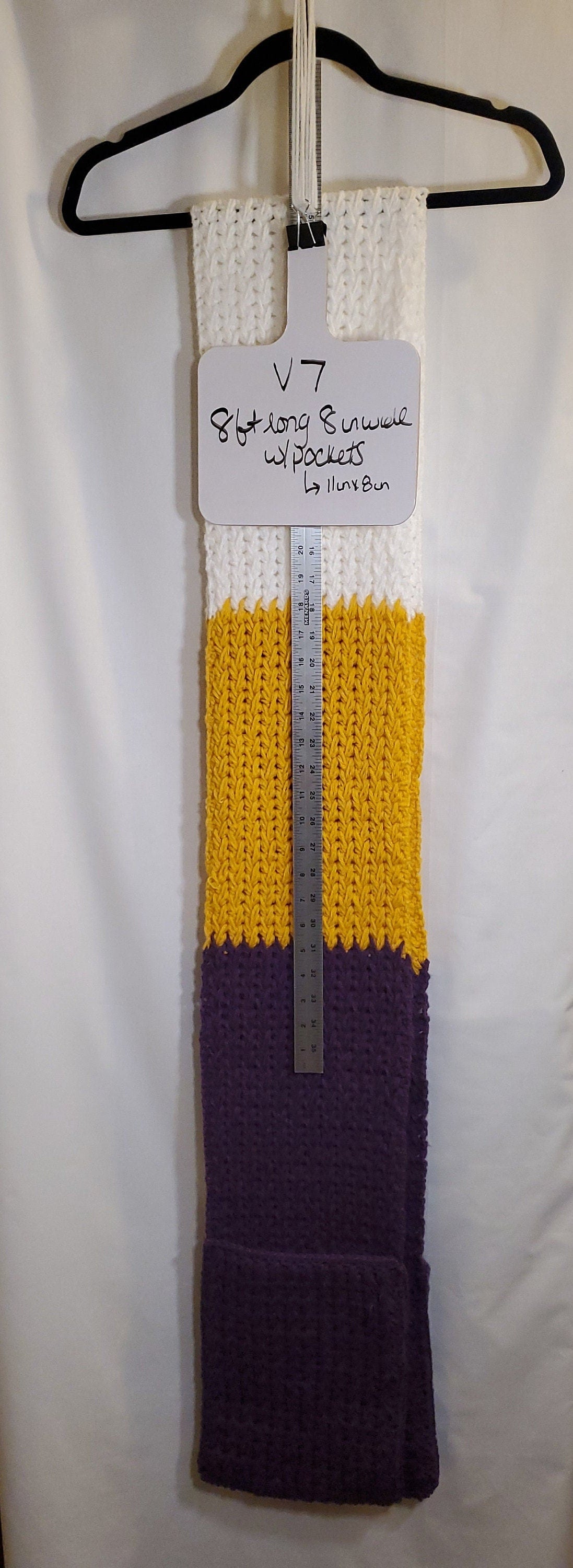 V7: MN Vikings Inspired Scarf with Pockets, 8 ft long, 8 in wide, pockets 11 in deep