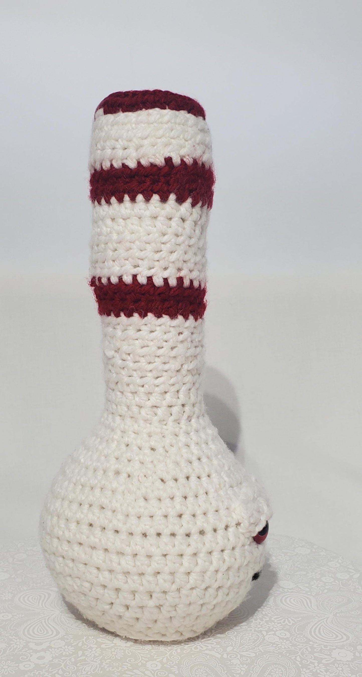 B12: Crochet Bong, White and Maroon, made with thick, 100% acrylic yarn, and safety eyes, approx. 14" x 6", 11 oz