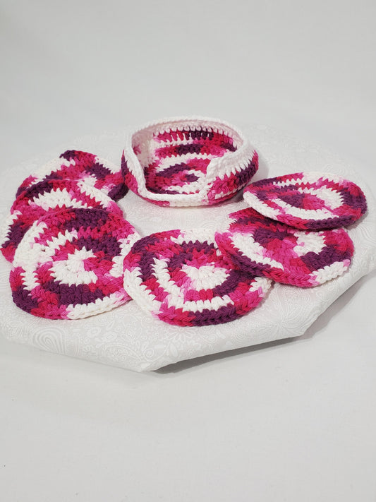 Crochet Coaster Set, Berry Swirl & White