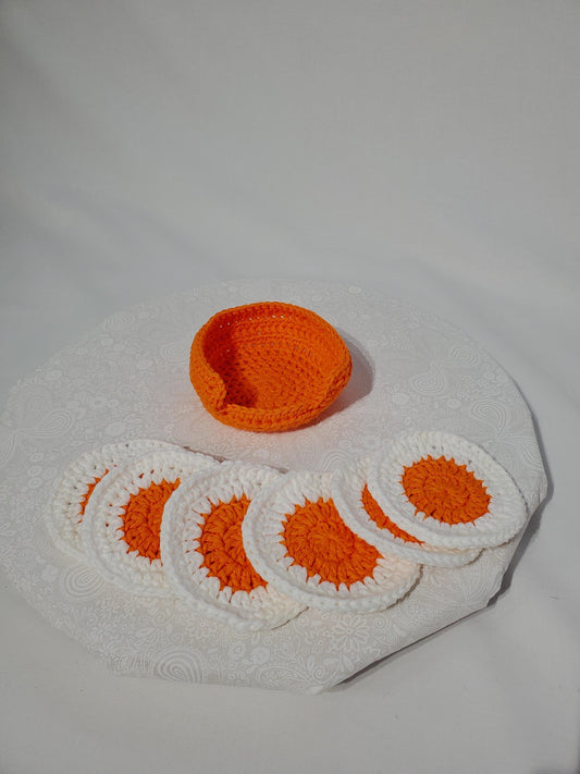 C1: Crochet Coaster Set, orange an white, made with cotton yarn, set of 6 with holder