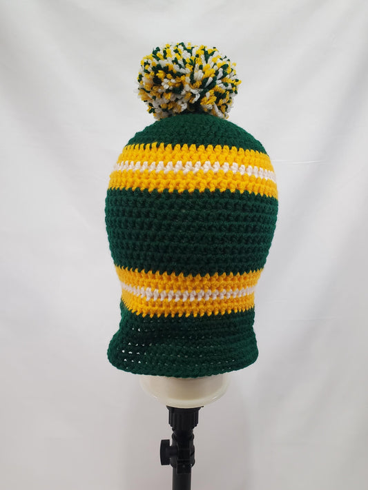 Item #29: Green Bay Packers Inspired Crochet Beanie With A Pom, Adult Size Medium, Made From 100% Of Acrylic yarn