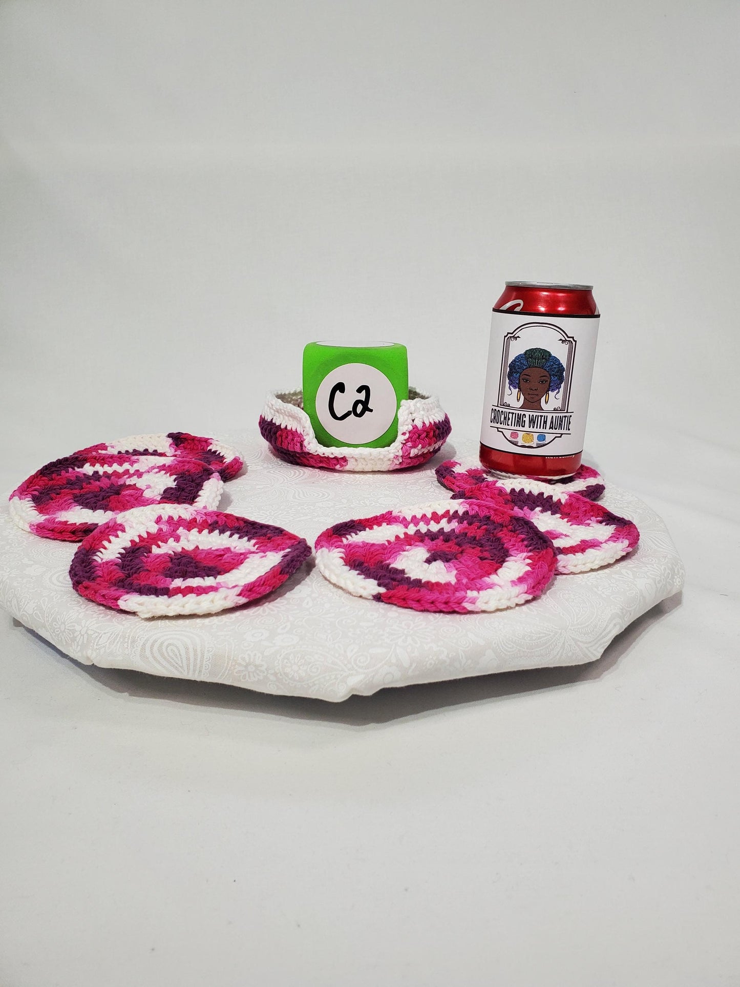 Crochet Coaster Set, Berry Swirl & White