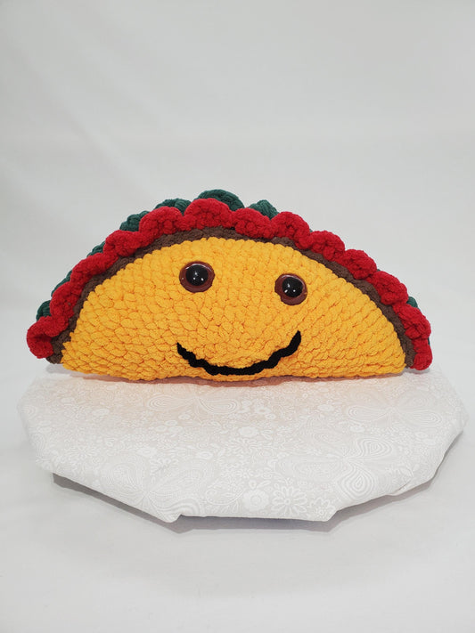 T10: Crochet Taco Stuffy / Plush Toy, made with soft blanket yarn and plastic safety eyes