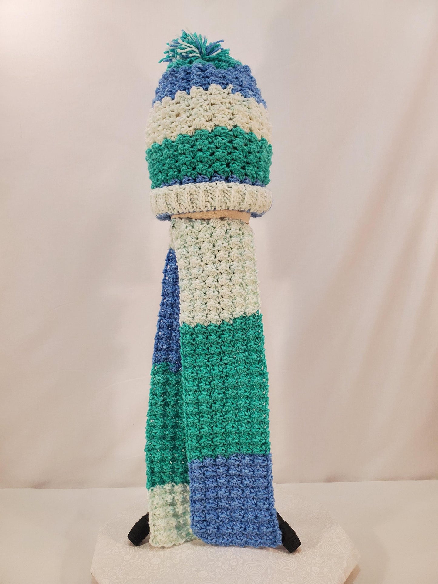 Crochet Hat and Scarf Set, Blue, White and Green