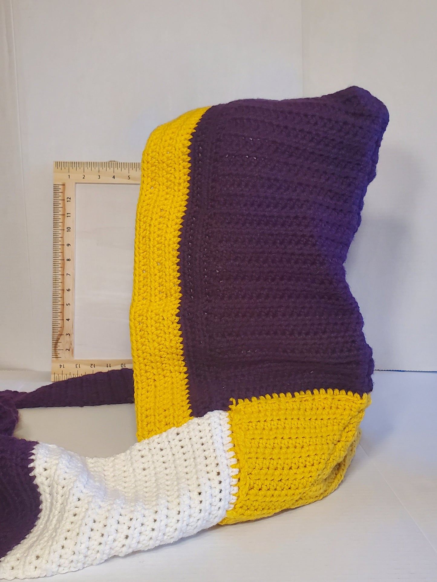 Item #63: MN Vikings Inspired Crochet Hooded Scarf, Adult Sized, 5' Long 6.5" Wide, Made With 100% Acrylic Yarn
