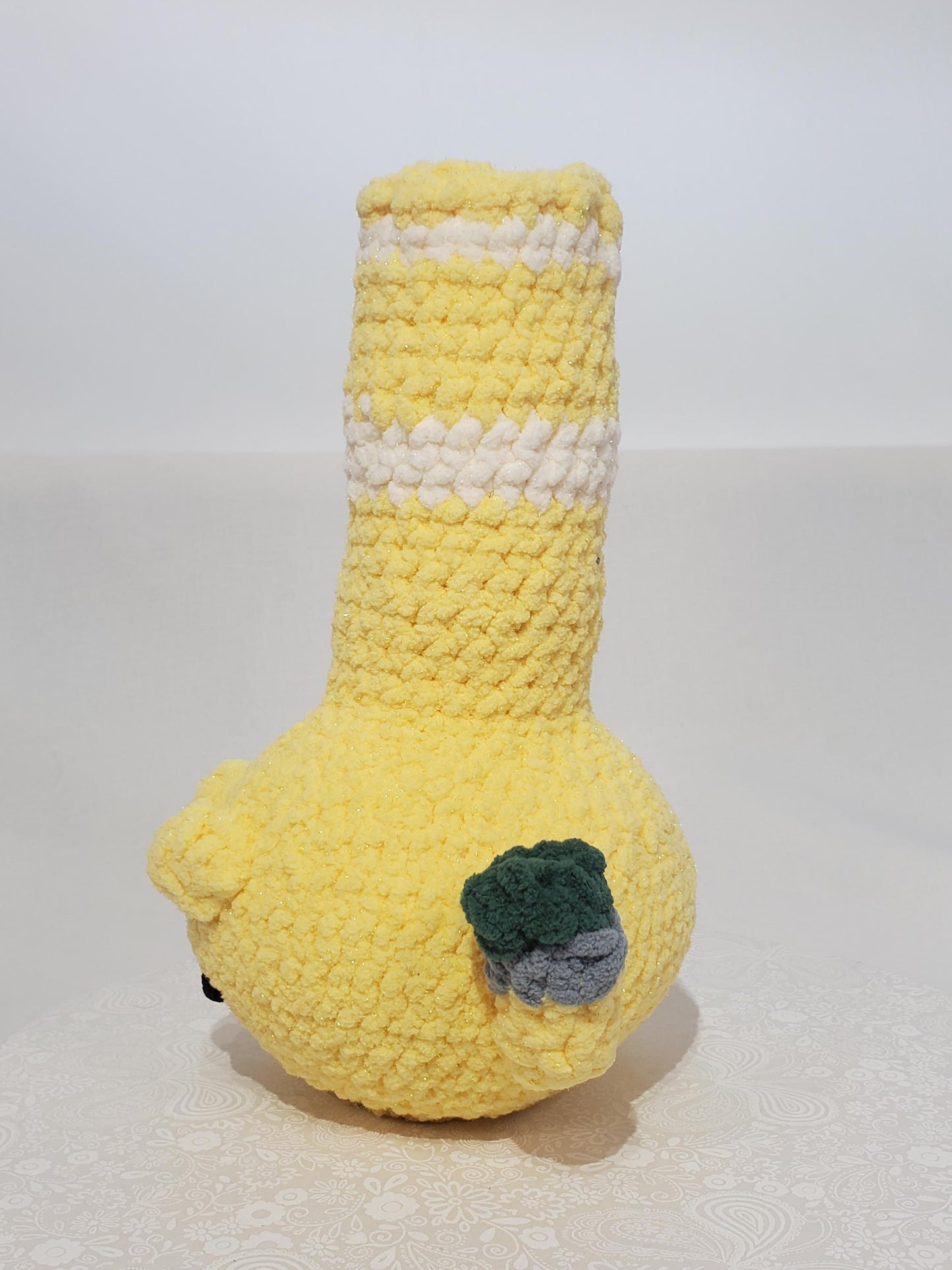 B16: Crochet Bong, yellow and white, made with safety eyes, soft 100% polyester yarn, approx. 12" x 7", approx. 11 oz