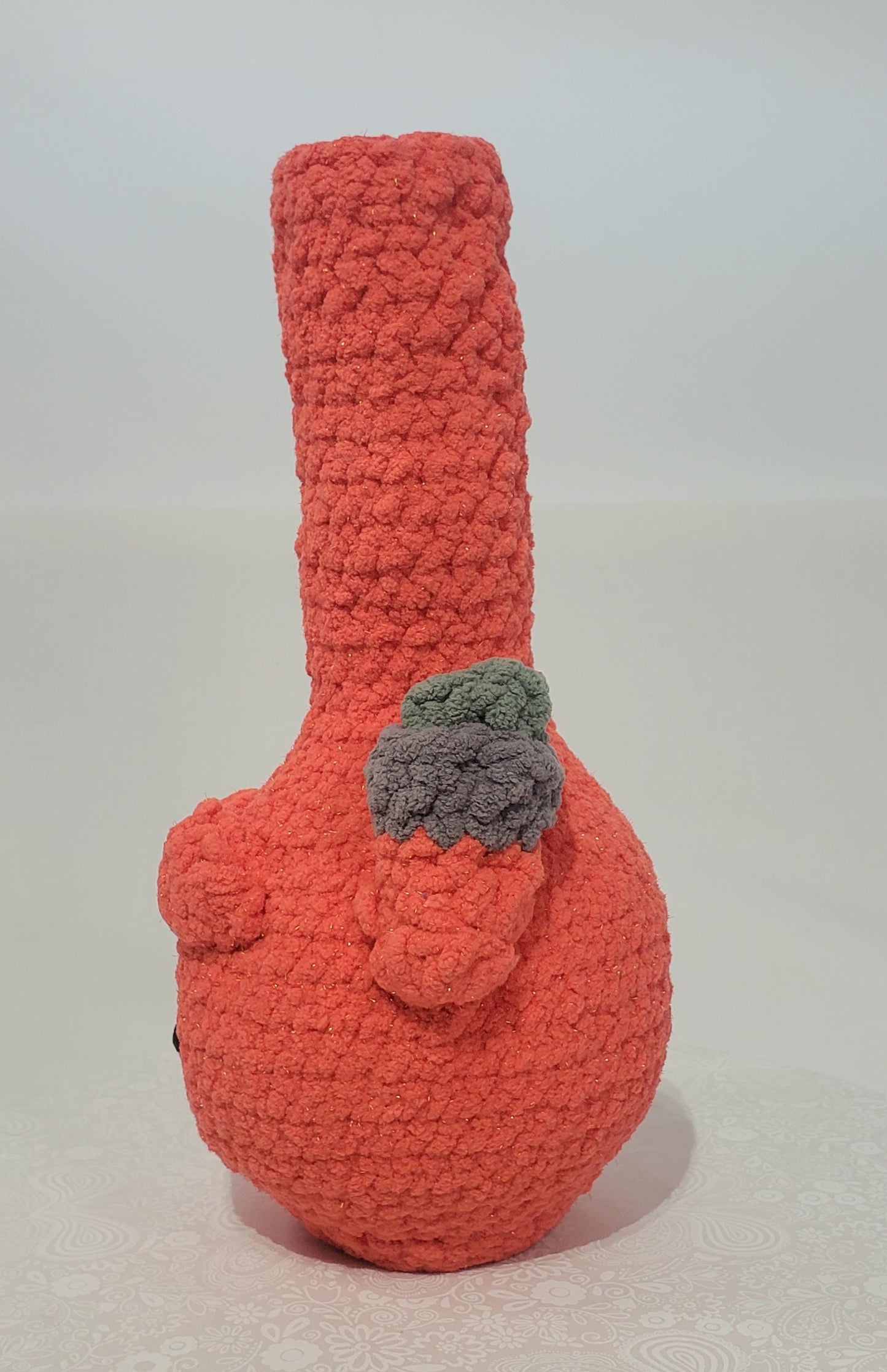 B17: Crochet Bong, Orange, made with soft 100% polyester blanket yarn and safety eyes, approx. 12" x 6", 11 oz