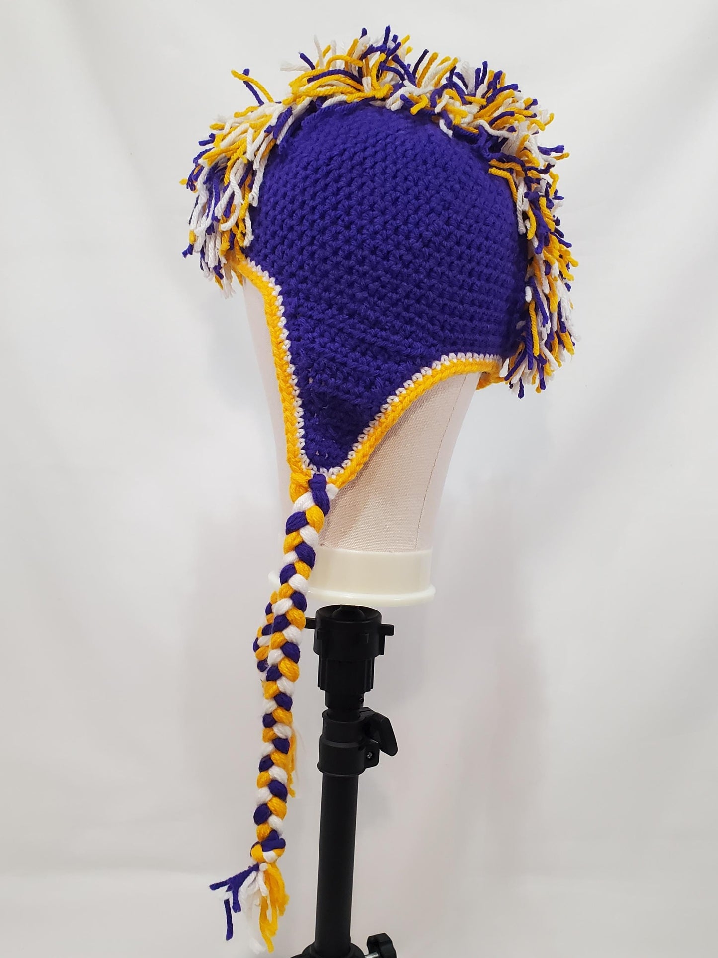 Item #38: MN Vikings Inspired Crochet Mohawk Hat, Size Child (4y-10y), Made From 100% Acrylic Yarn