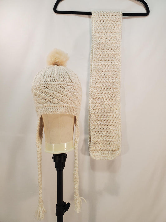 Item #95: Crochet And Scarf Set, Off White, Size Children (4y To 10y), 6' Long, 6" Wide, Made With Extra Soft 100% Acrylic Yarn