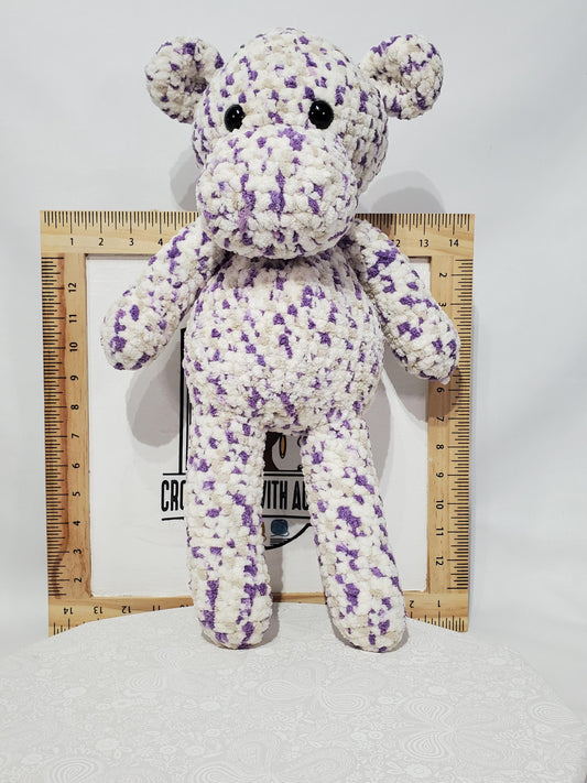 T15: Crochet Hippo, made with soft blanket yarn (100% polyester), fiber fill, and plastic safety eyes, approx. 19" x 10"