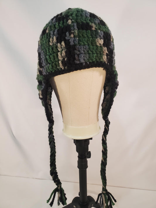 Item #99: Crochet Ear Flap Hat, Camo, Child (4y-10y), Made With Chunky 100% Acrylic Yarn