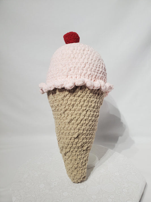 T25: Crochet Ice Cream Cone Plushie / Pillow, made with soft blanket yarn (100% polyester)  and fiber fill, approx. 19" x 8 "