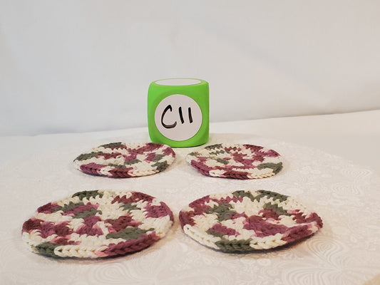 Crochet Coaster Set, Olive Green and White