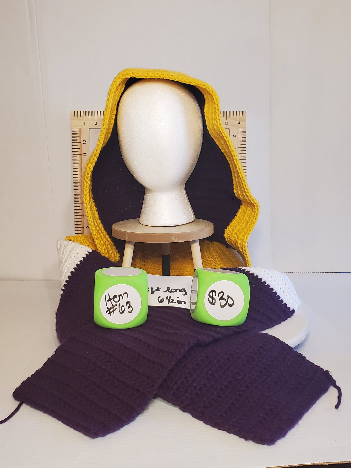Item #63: MN Vikings Inspired Crochet Hooded Scarf, Adult Sized, 5' Long 6.5" Wide, Made With 100% Acrylic Yarn