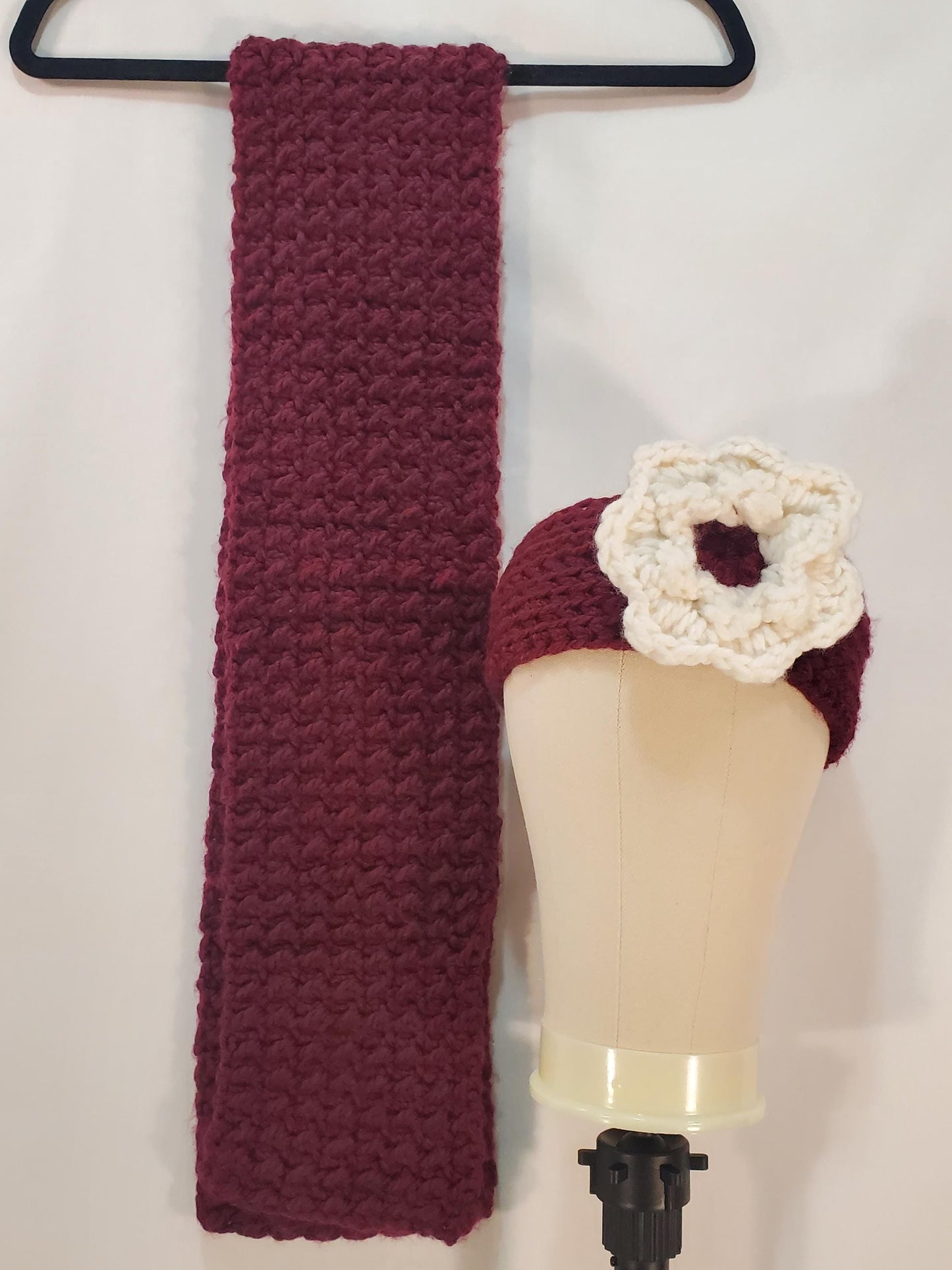 Item #87: Crochet Ear Warmer And Scarf Set, Maroon, Size Teen/Adult Small, 4' Long 6" Wide, Make With Chunky 100% Acrylic Yarn