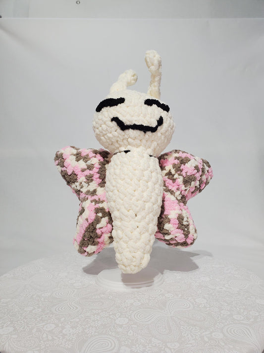 T6: Crochet Butterfly Stuffy/ Plush Toy, white and variegated pink, white and brown, made with soft blanket yarn and safety eyes