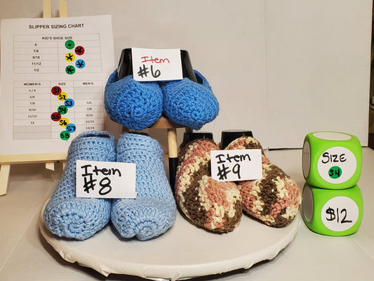 Item #9: Crochet slippers, Light Blue / Baby Blue, Size men's 7/8,  Size women's 9/10, made with 100% Acrylic yarn