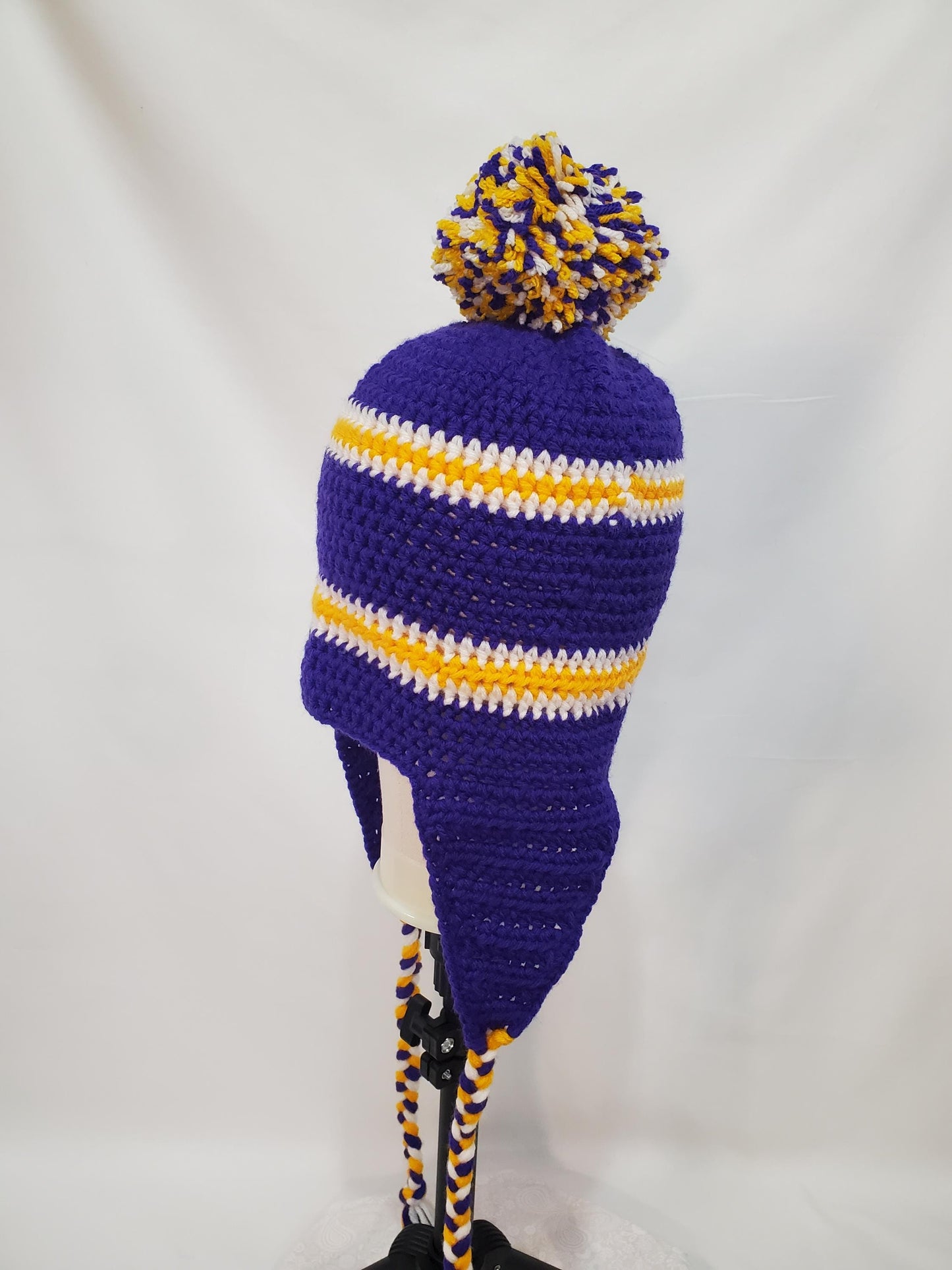 Item #30: MN Vikings Inspired Crochet Ear Flap Hat, Size - Adult Medium, Made From 100% Acrylic Yarn