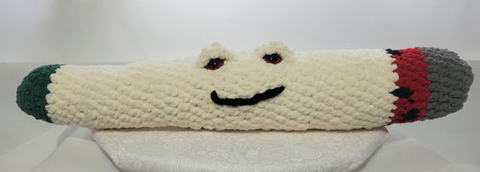 J14: Crochet Joint / Doobie,  White 100% polyester soft blanket yarn, has safety eyes, approx. 21"x 4", 13 oz