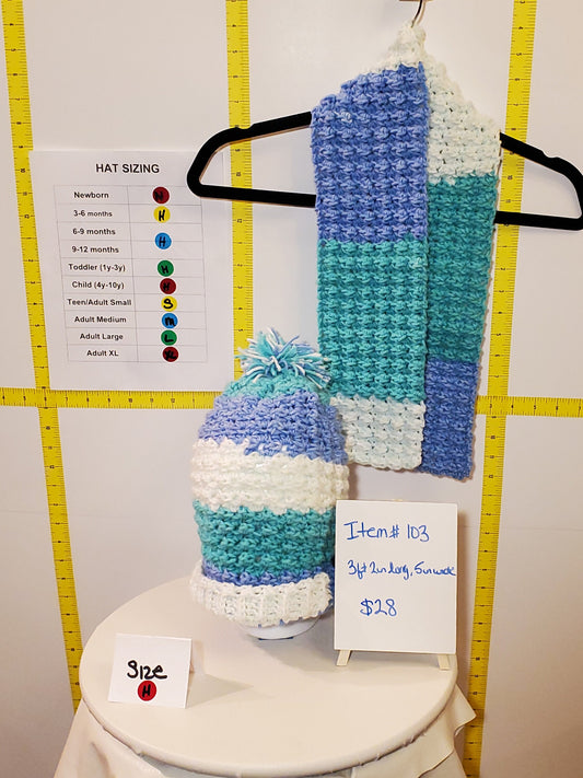 Item #103: Crochet Hat And Scarf Set, Blue, White And Green, Size Children's (4y To 10y), 3' 2" Long, 5" Wide, Made With 100% Acrylic Yarn