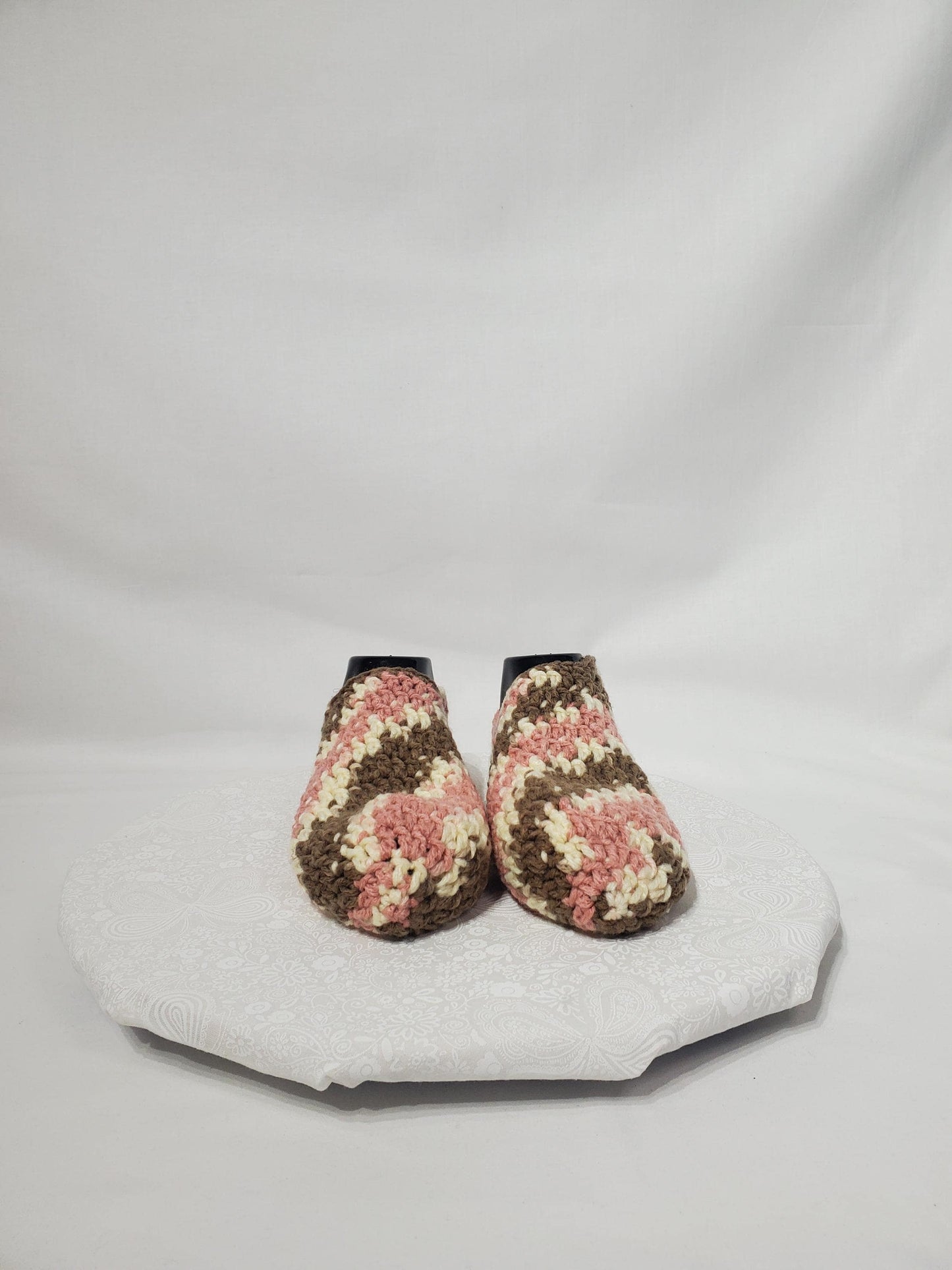 Item #6: Crochet slippers, Women's 9/10 - Men's 7/8, Brown pink and off white,  100% acrylic yarn