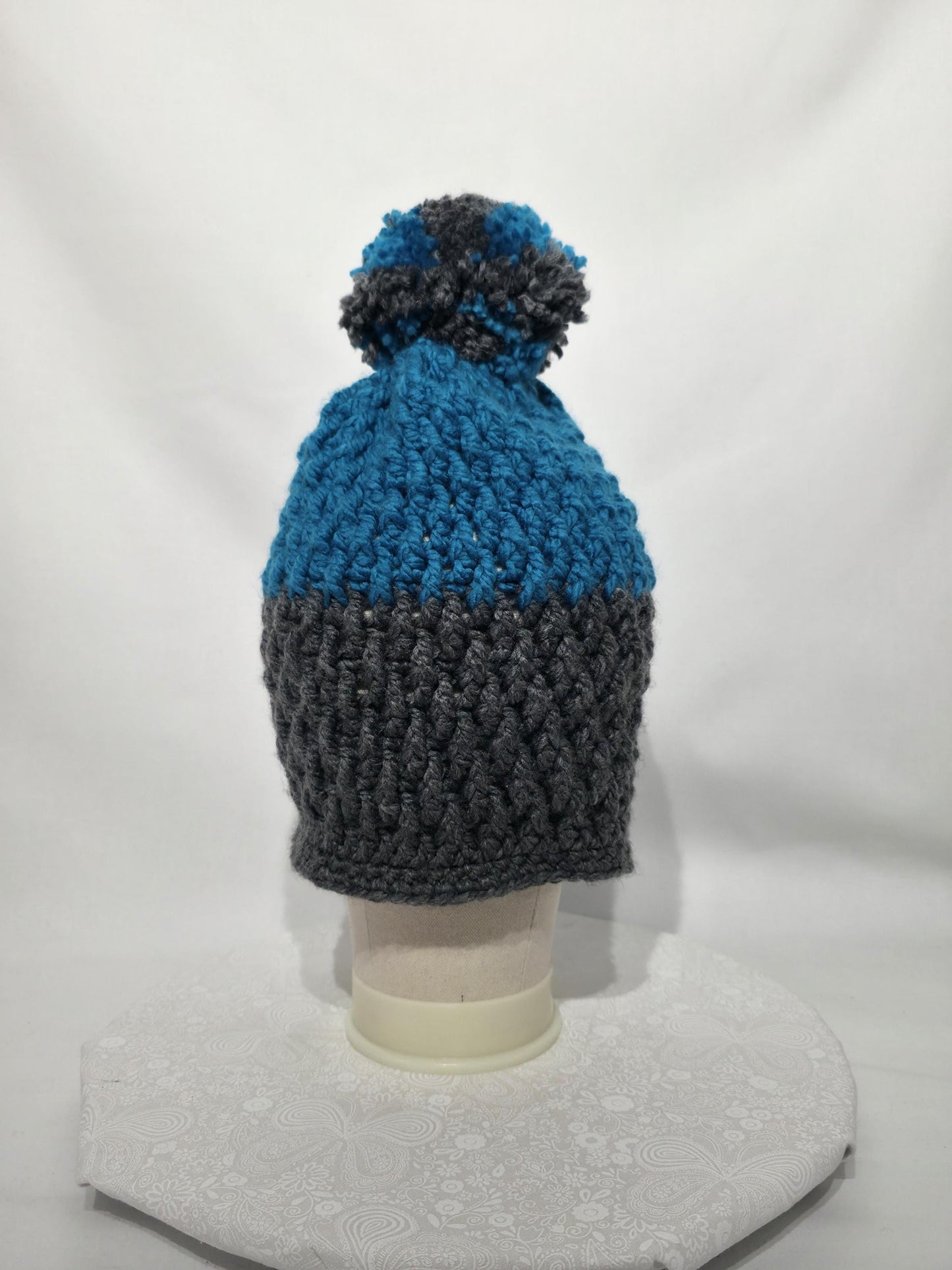Crochet Hat with Pom, Grey and Teal