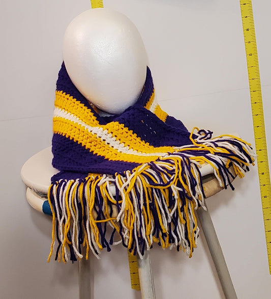 Item #77: Minnesota Vikings Inspired Crochet Scarf, 3' Long, 7" Wide, Made With 100% Acrylic Yarn